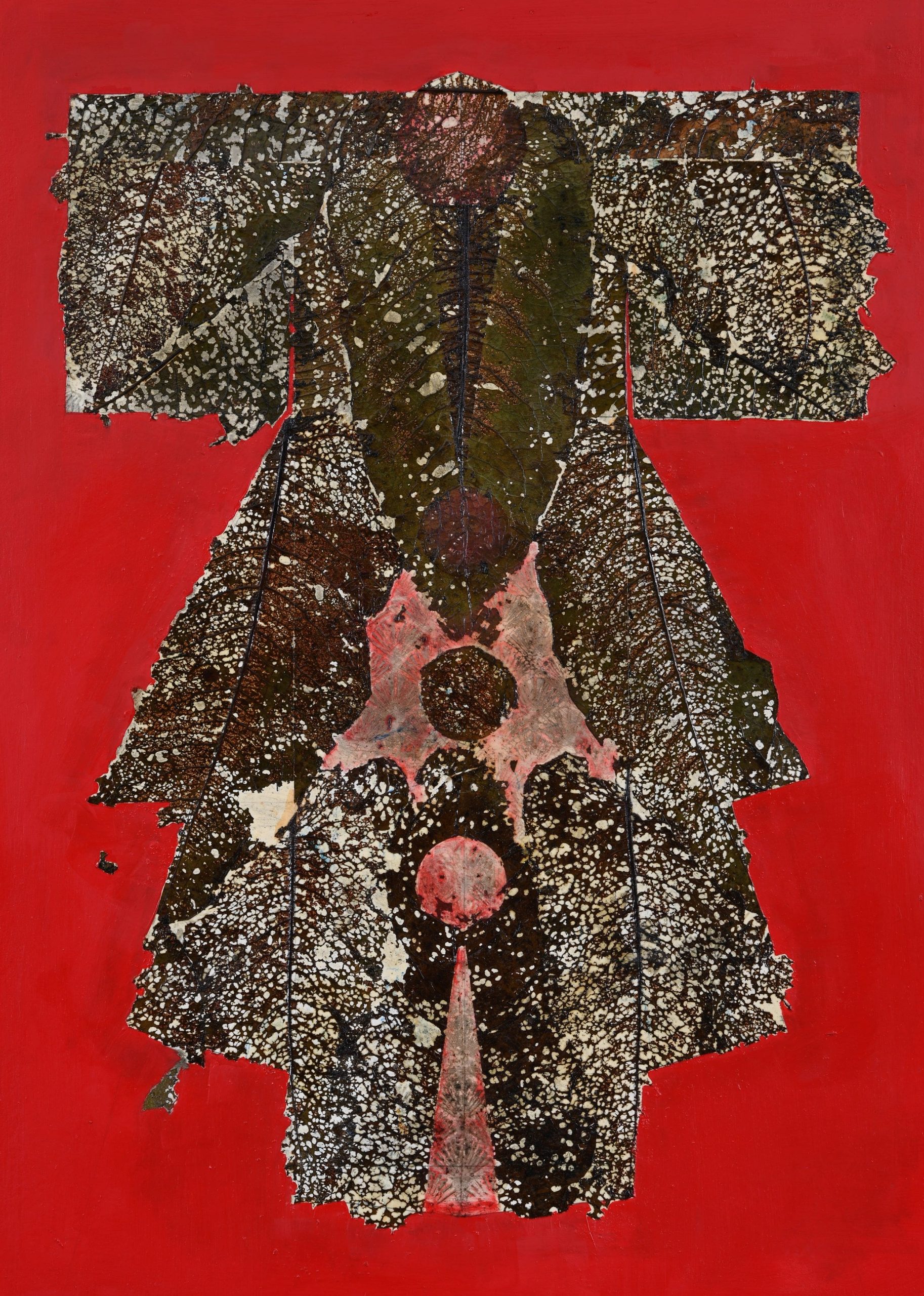 Kimono Robe by Mother Nature.Mixed Media Collage(Oil ,varnish and Dock Leaves).75x55cm.Frame 83x103cm.£3000-min