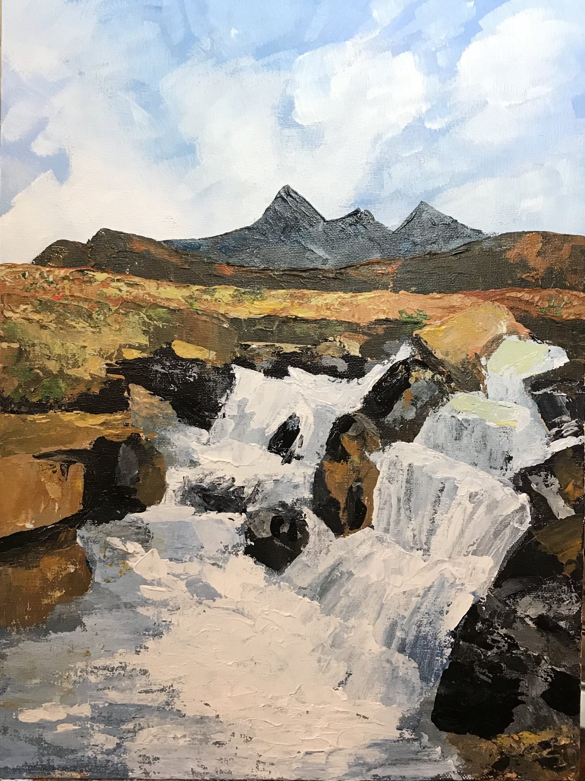 Waterfall and Cuillins-min