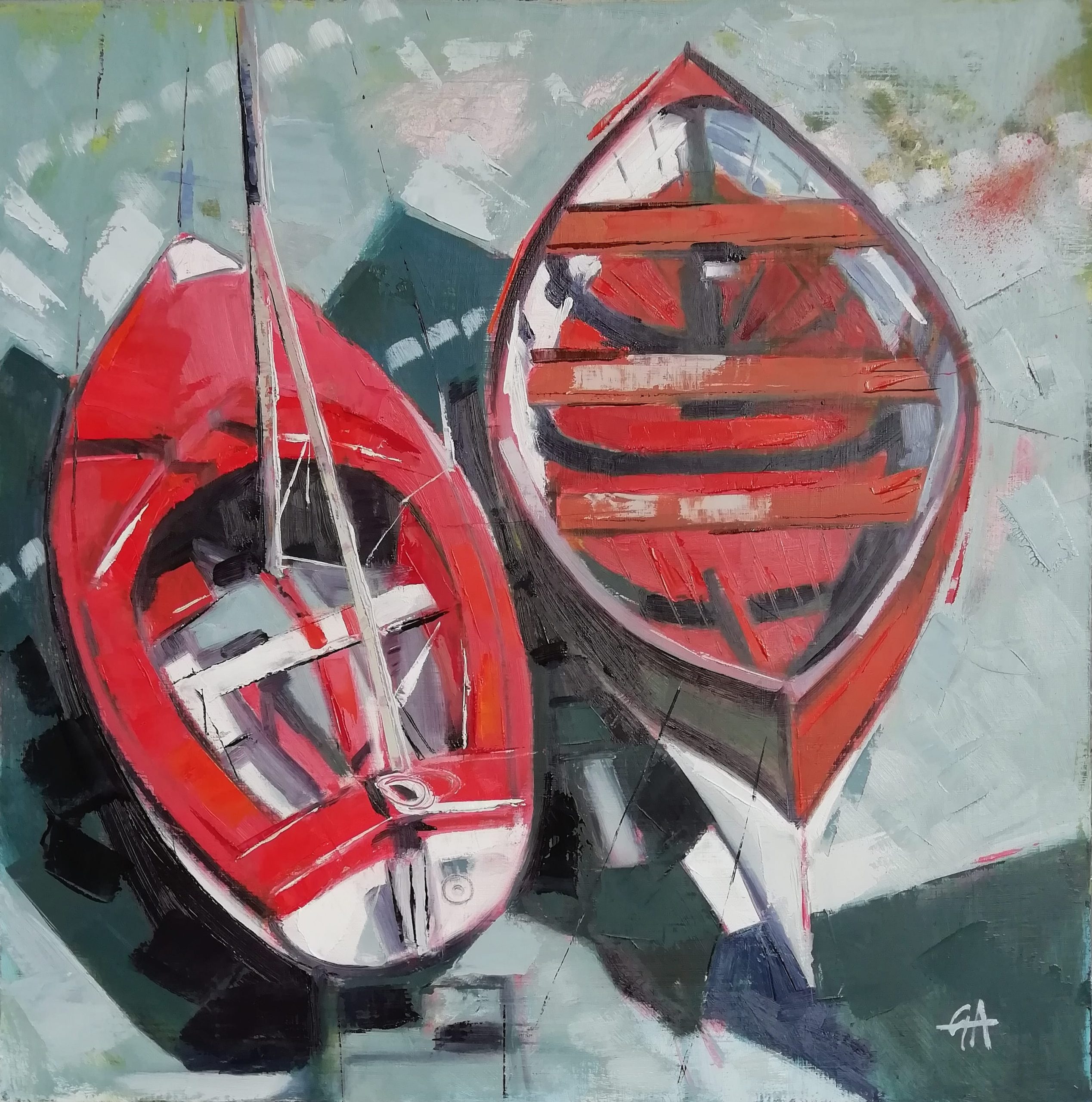 Two Red Boats, 40 x 40cm-min